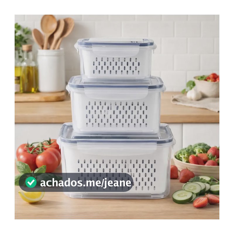 Kit 3 Potes Herméticos Geladeira Com Cesto Escorredor Trava Branco