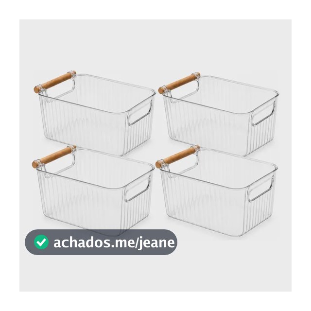 Kit 4 Cestos Organizadores Acrílico Alça Madeira Multiuso Transparente