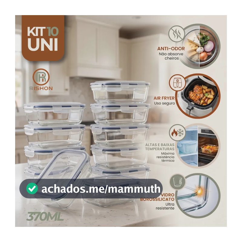 Kit 10 Pote De Vidro Marmita Hermético 370ml Freezer Fitness Rishon