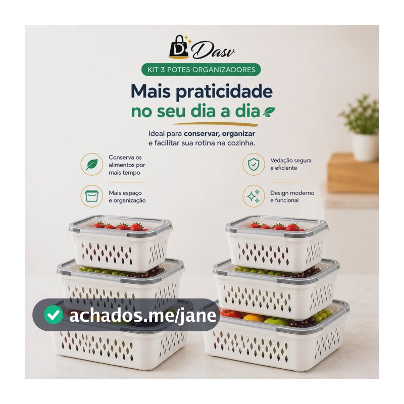 Conjunto Kit 6 Organizadores Geladeira Transparente Hermético Escorredor Cesto Frutas Alimentos Verduras Legumes Dasv