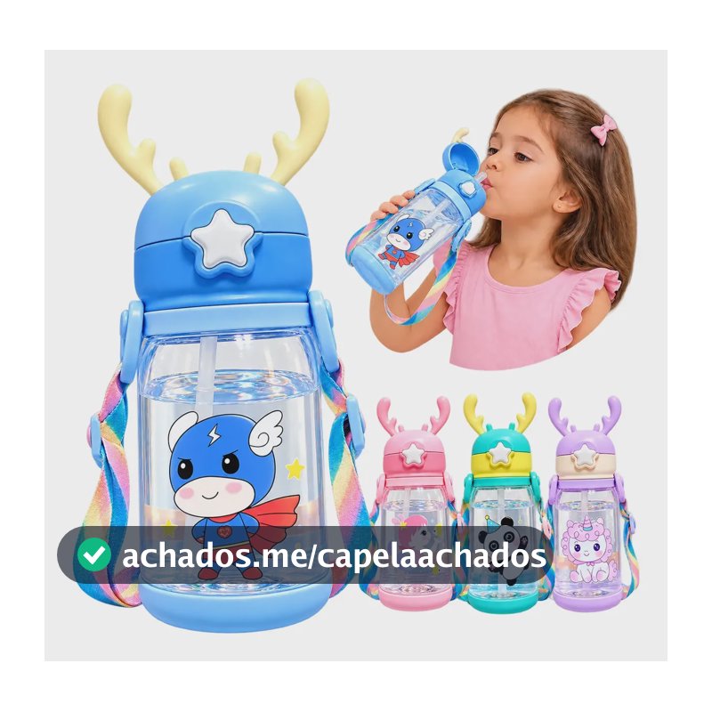 Garrafa Squeeze Infantil Com Canudo E Alça Chifre De Rena Azul