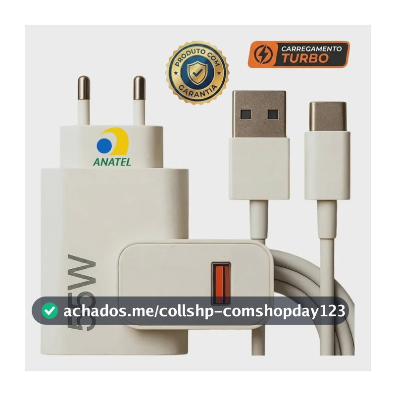 Carregador Turbo 55w USB-C Com Cabo Tipo C 1 Metro Fonte Bivolt 110v/220v, Carregamento Rápido Fast Charge, Ideal Para Celular Android, Compatível Com iPhone Samsung Motorola Xiaomi LG