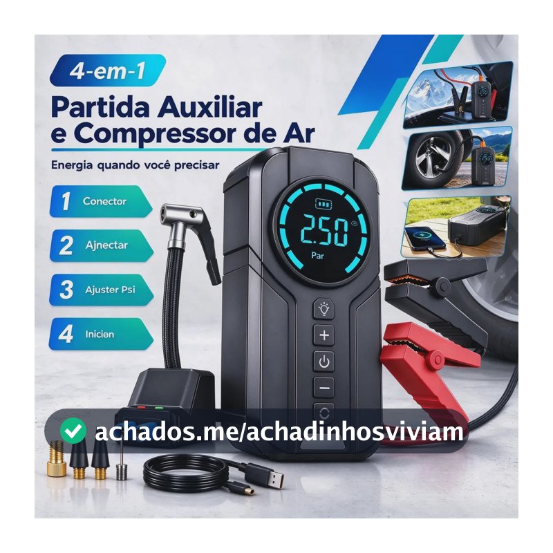 Compressor de Ar Portátil Digital 4 em 1 com Partida Auxiliar e Lanterna LED