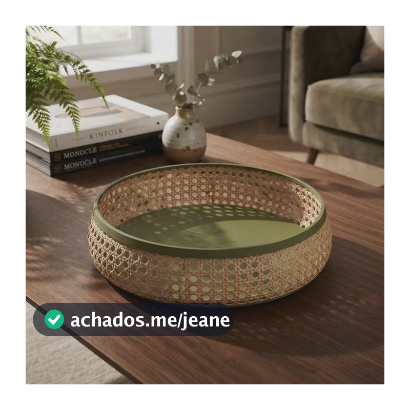 Bandeja Decor Rattan Redonda Estilo Palha Ind Centro De Mesa Verde-escuro