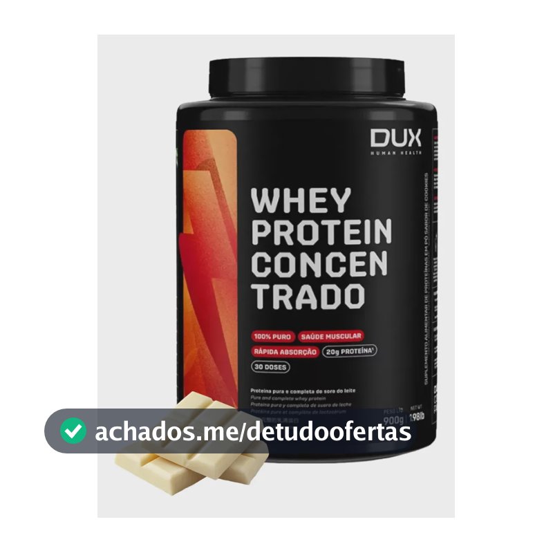 Whey Protein Concentrado Dux Nutrition Pote 900g Sabor Chocolate Branco - 20g de Proteínas Por Dose - 100% Puro - Rápida Absorção - 30 Doses