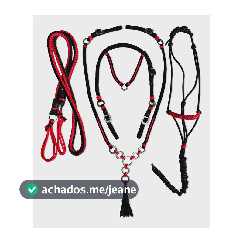 Traia Completa Rédea Cabeçada E Cabresto Com Peitoral Cavalo Cor Preto c. vermelho