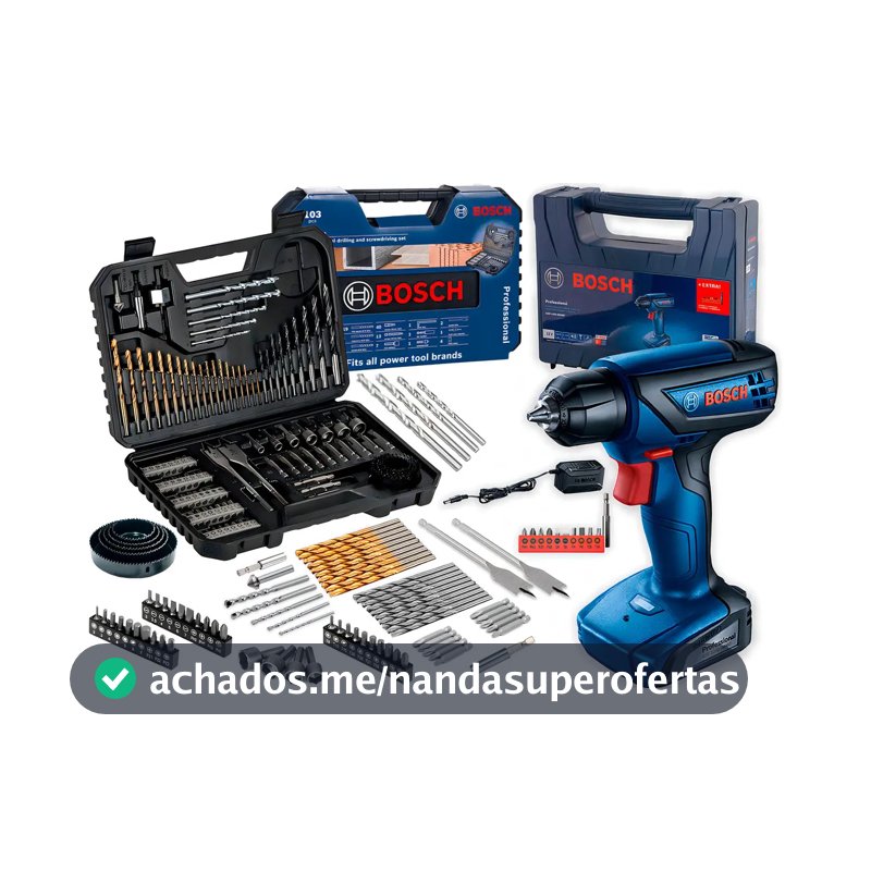 Furadeira Parafusadeira Sem Fio De 6mm Bosch Gsr 1000 Smart C/ Maleta + Jogo Kit Pontas Brocas 103 Peças Bosch