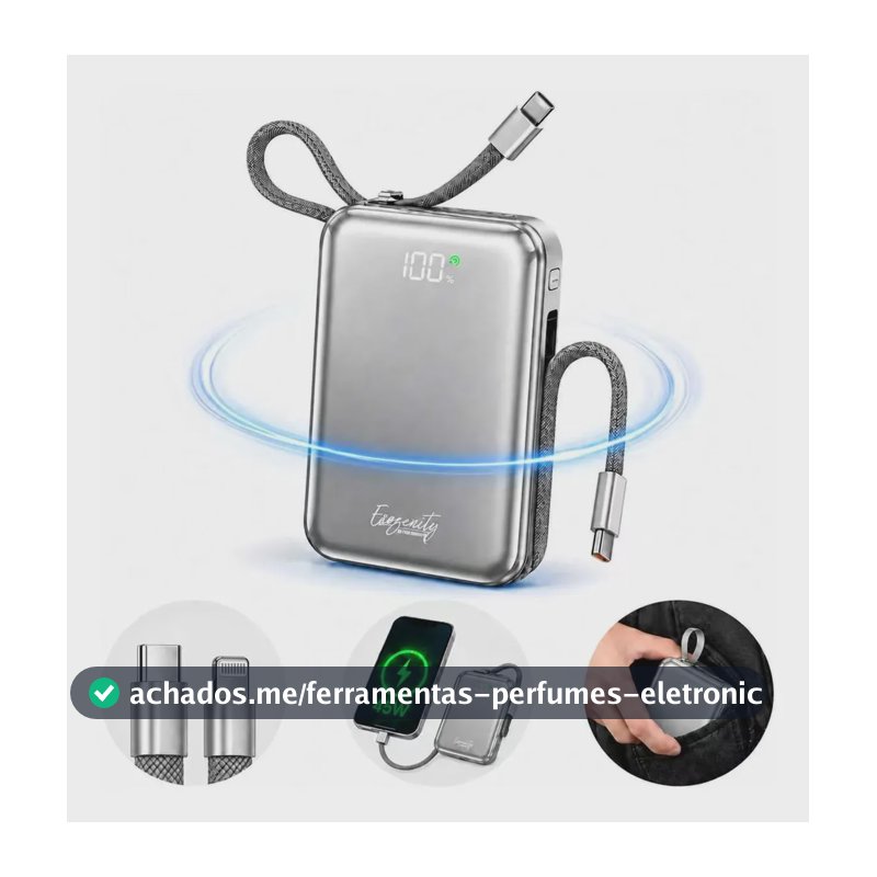 Power Bank 20000mAh Carregamento Rápido 45W, com Cabos USB-C e USB-A, para iPhone e Galaxy
