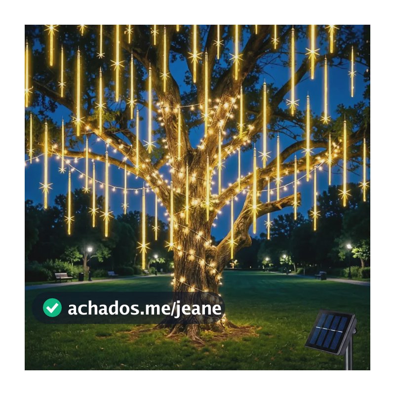 Cascata 8 Pingentes 50cm Led Solar Meteoro Natal Decoração Branco Quente 127/220v