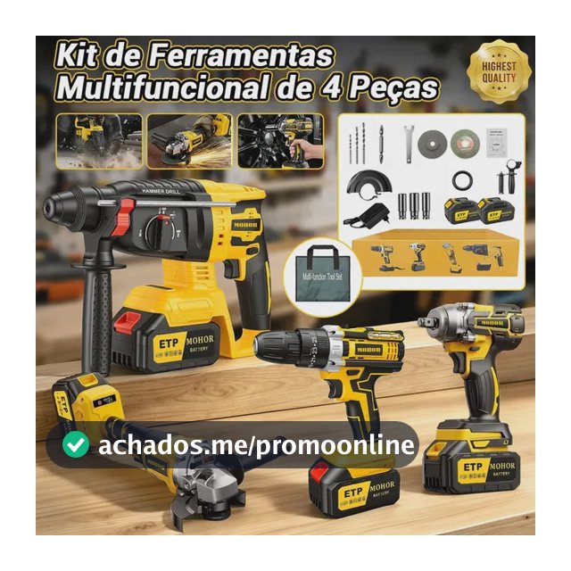 Kit Ferramentas Elétricas MOHOR 4 em 1 com 2 Baterias, Furadeira Parafusadeira, Martelete, Esmerilhadeira e Chave de Impacto