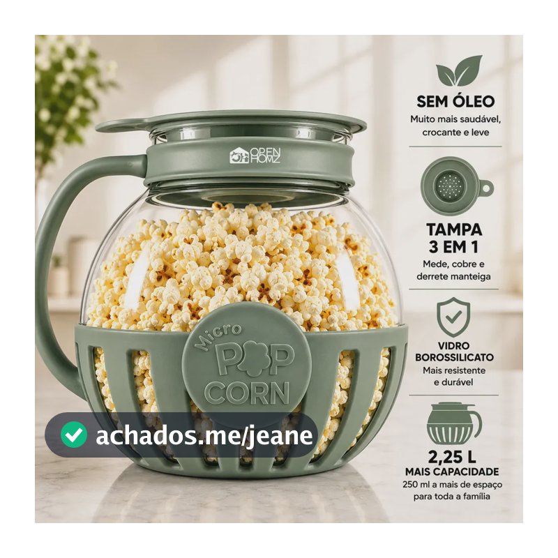 Pipoqueira De Microondas De Vidro E Silicone Com Tampa 3 Em 1 Fitness Sem Óleo Saudável Bowl Recipiente 2,25l Livre De Bpa Marca Open Zee Cor Verde