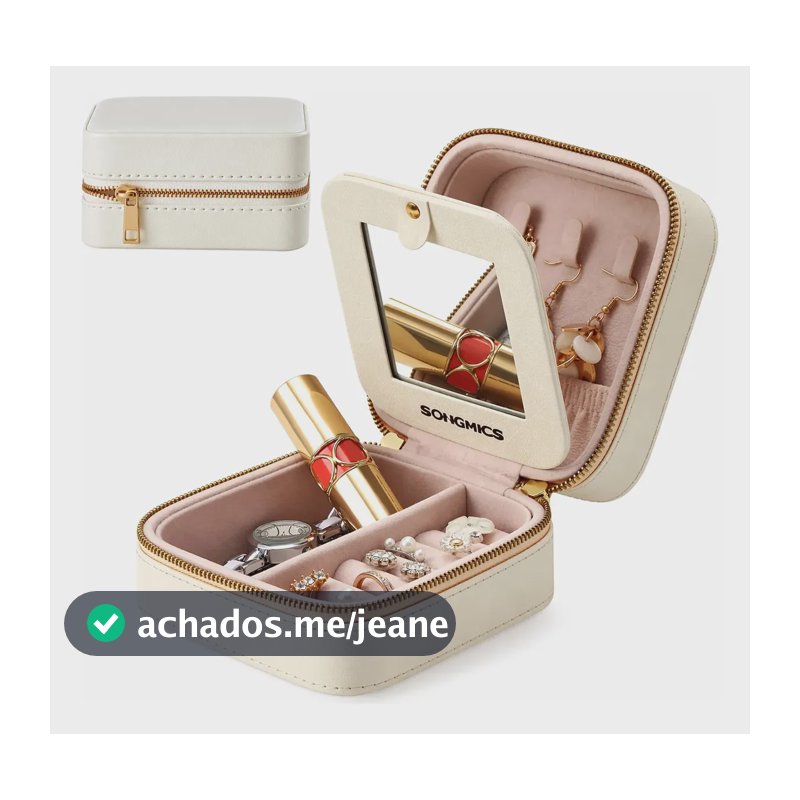 Mini Porta Jóias Viagem Pequena com Espelho e Ziper, Caixa de Joias Portátil Branca com Divisórias Removíveis, Organizador Compacto para Colares, Brincos, Anéis e Pulseiras