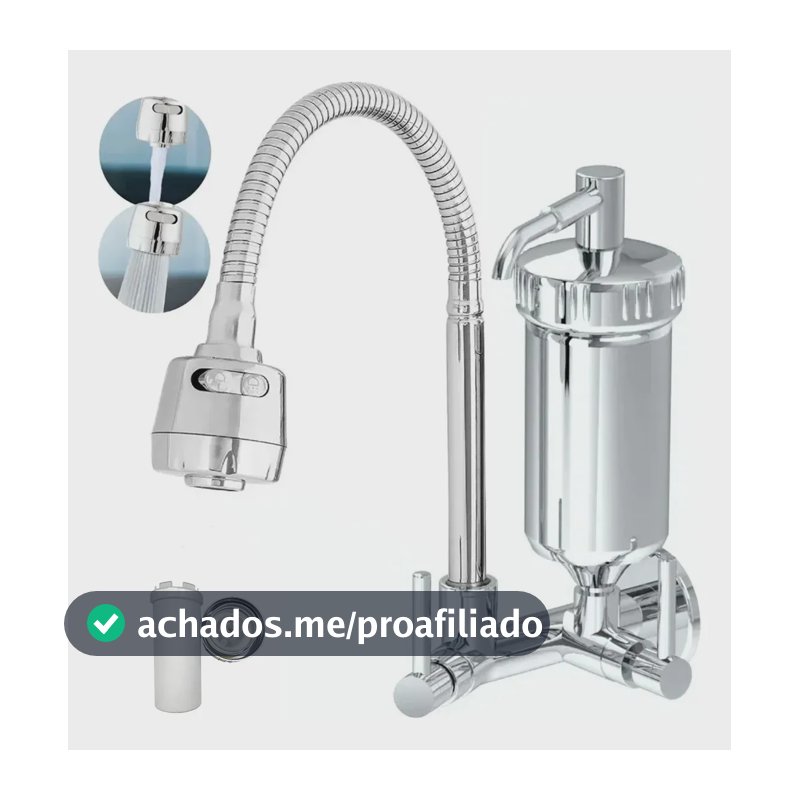 Torneira Cozinha Parede Com Filtro 2 Jatos Modos Prateado Brilhante