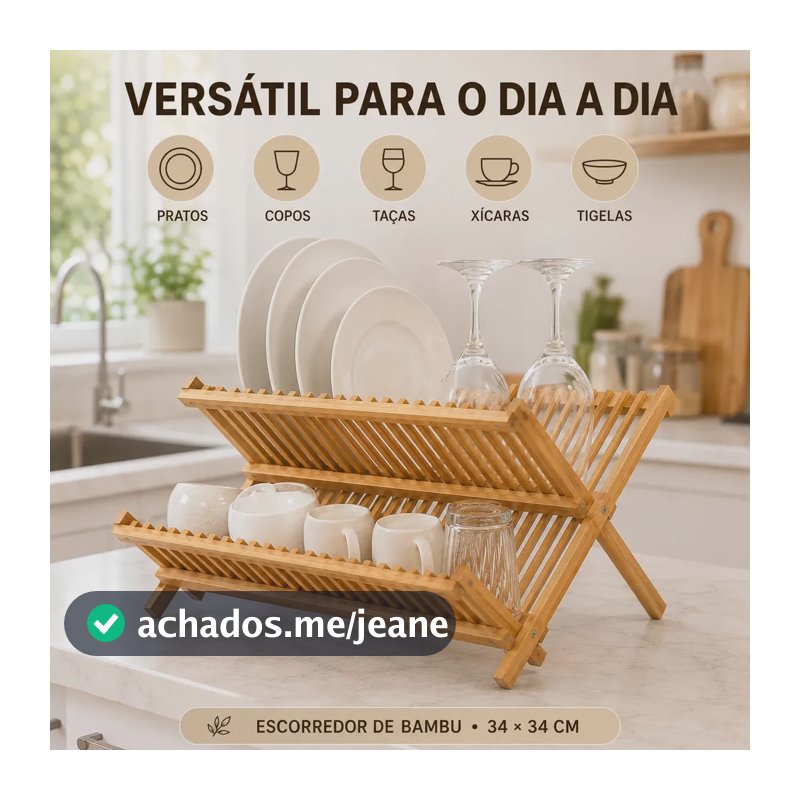 Escorredor de Pratos Bambu Dobrável 2 Níveis 34x34cm Organizador de Louças Copos Taças Xícaras Tigelas Cozinha Compacto Natural