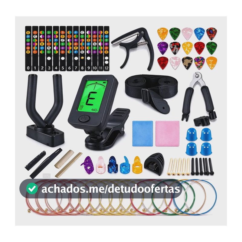 Kit Acessórios Fallove 67 Peças para Violão e Guitarra com Afinador, Capotraste e Suporte de Parede