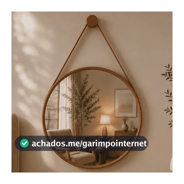 Espelho Redondo Adnet Couro 40cm Suspenso Escandinavo Alça