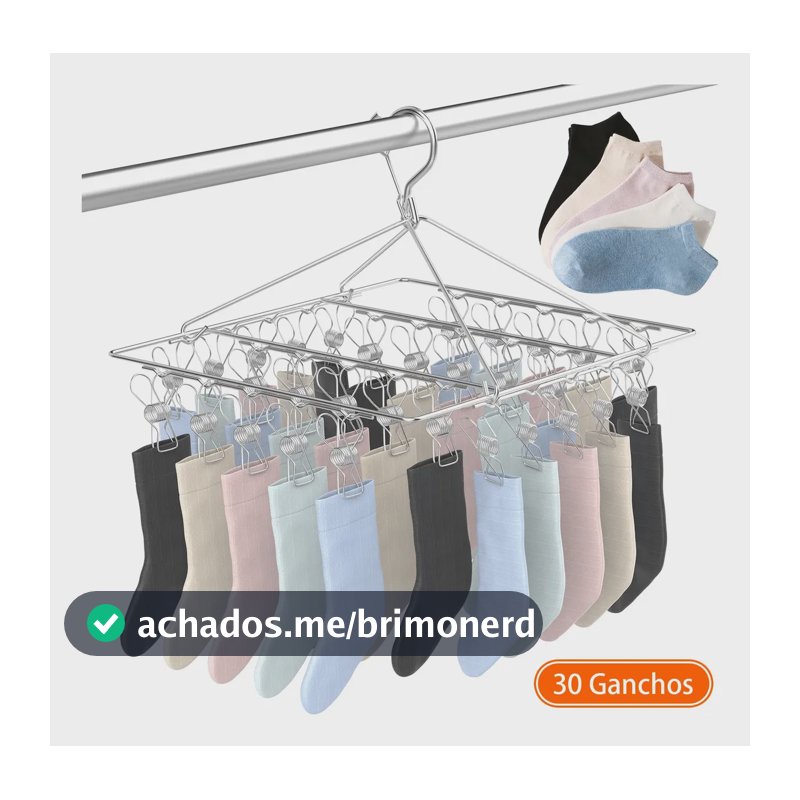 Varal Portátil Primeware de Aço Inoxidável com 30 Ganchos Para Meias e Roupas Íntimas