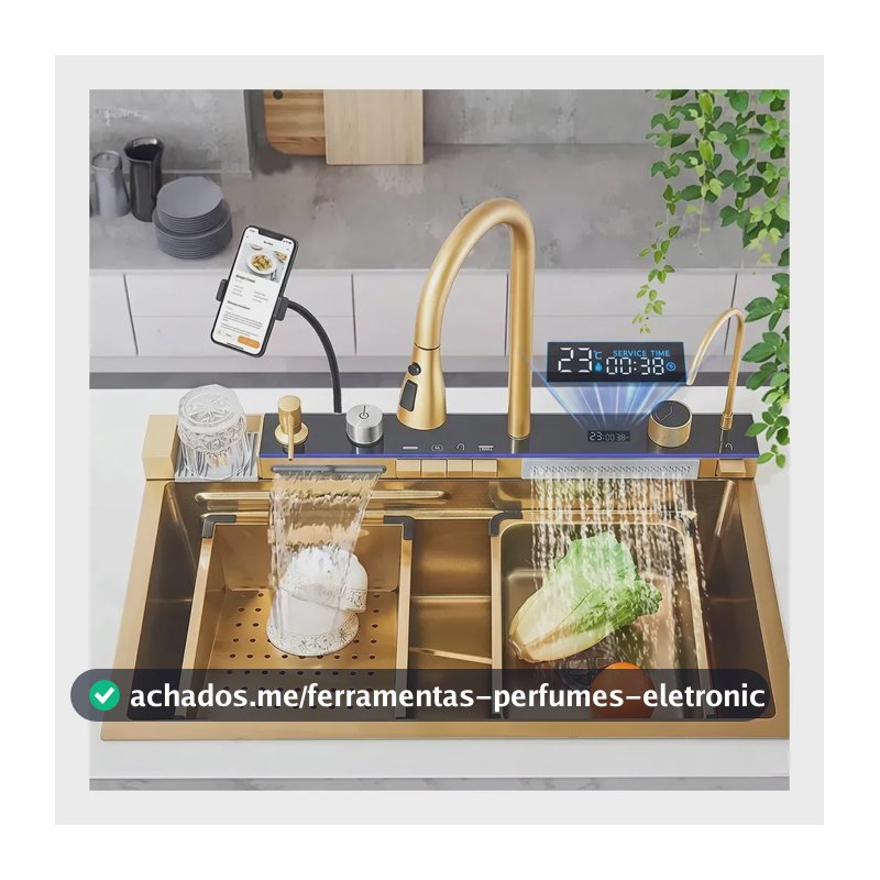 Cuba Winda 75x45x23cm Dourada Inox 304 Com Torneira Led Cascata Suporte Celular E Torneira Filtro