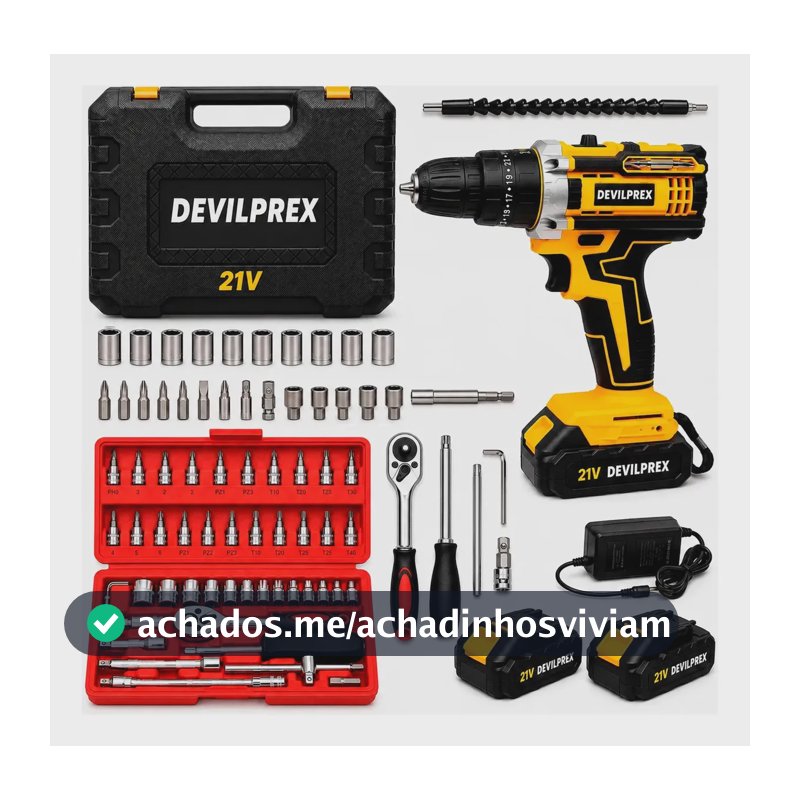 Kit Parafusadeira Furadeira De Impacto 2 Baterias + Kit 46 Peças Profissional DEVILPREX