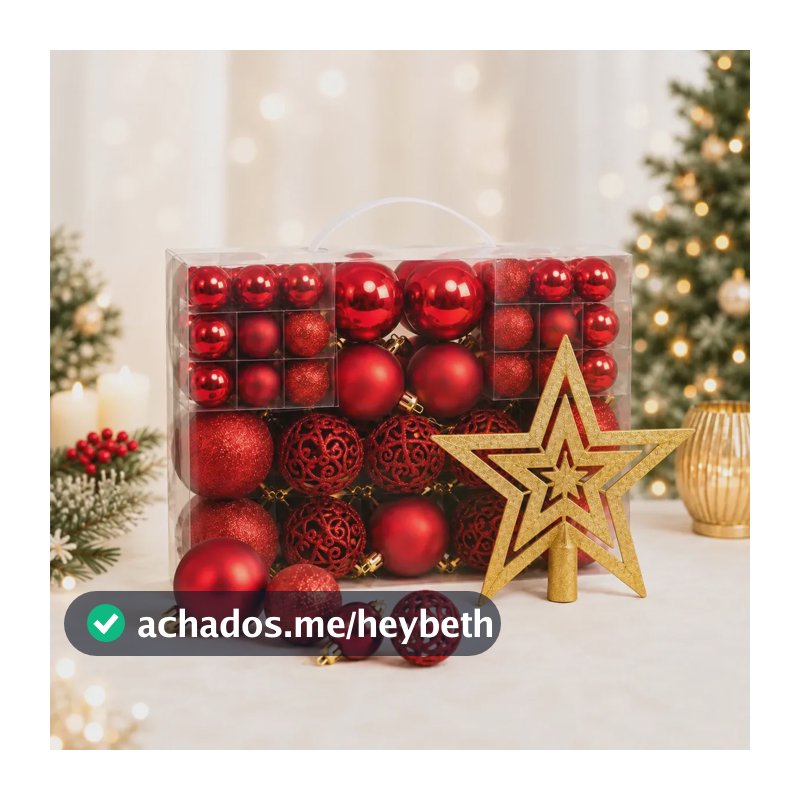 Kit Maleta 50 Bolas Pendentes + Estrela Ponteira Para Árvore De Natal Decoração Natalina Premium - Vermelha