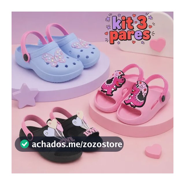 Kit 3 Pares Sandália Infantil Menina Slides Babuche Papete