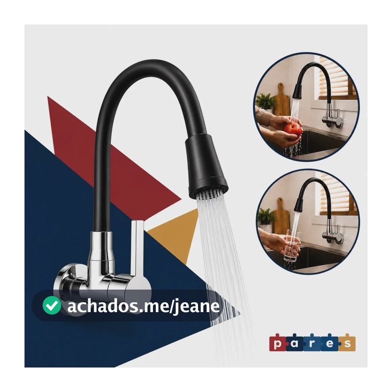 Torneira Gourmet Luxo Flexível Cozinha Parede 2 Jatos Pia Metal Cor Aço Inox e Preto- Marca Pares