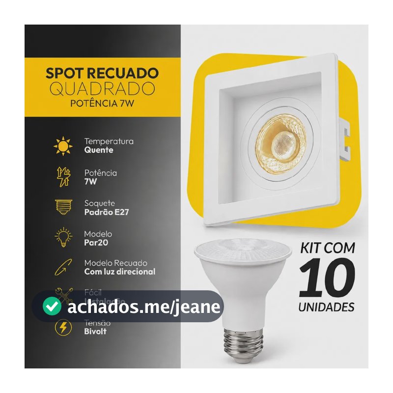 Kit 10 Spot Recuado Quadrado + Lampada Led Par20 7w 3000k Branco Quente E27 Branco Cod: ALUT-KC-00001 Alut By Avant
