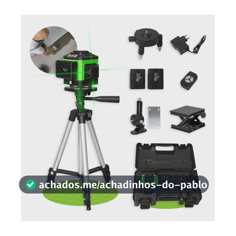 Kit Nível A Laser Verde 12 Linhas Esquadro + Suporte + Tripé Recarregavel Profissional Prumo Autonivelante Nano Bateria