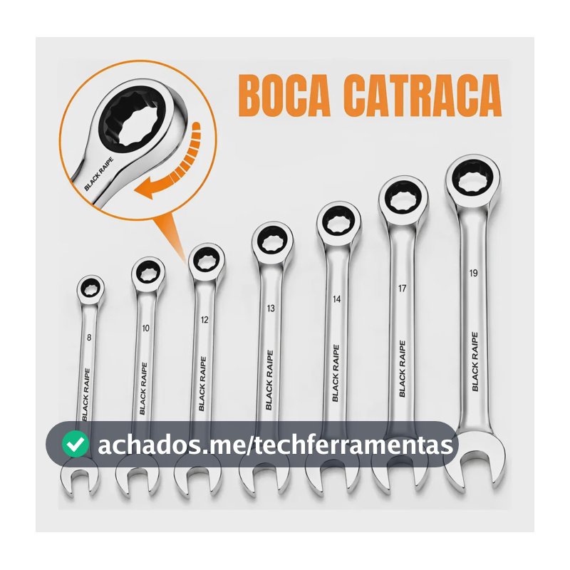 Jogo Chave Combinada Catraca 7 Peças 8 10 12 13 14 17 19mm Aço Cromo Vanádio Chave Boca Estrela Catracada Kit Ferramentas Mecânico Automotivo Oficina Manutenção Com Estojo Black Raipe