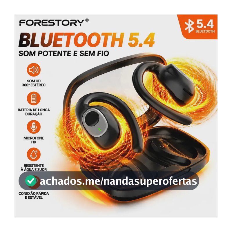 FORESTORY Fone De Ouvido Bluetooth 5.4 OWS TWS Sem Fio X5 Open Ear Esportivo Com Gancho LED Display Microfone HD Grave Potente HiFi Som Estéreo Para Academia Corrida Ciclismo, Compatível iOS Android
