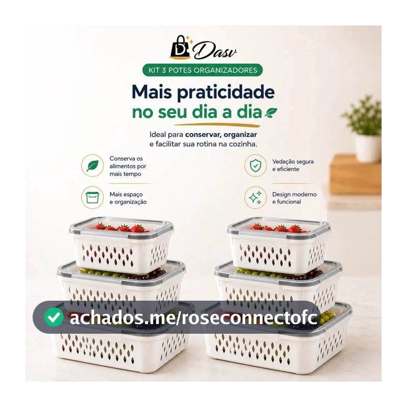 Conjunto Kit 6 Organizadores Geladeira Transparente Hermético Escorredor Cesto Frutas Alimentos Verduras Legumes Dasv