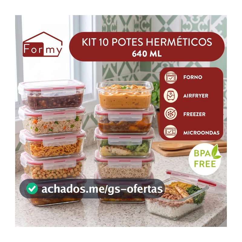 Kit 10 Pote De Vidro Marmita Hermético 640ml Freezer Fitness Borossilicato 4 Travas Micro-ondas Azul-Escuro