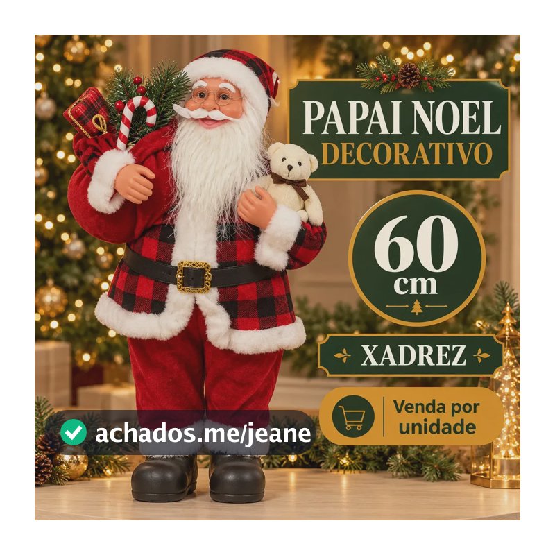 Papai Noel Decorativo 60cm Xadrez Enfeite Decoração de Natal Árvore de Natal Tecido Pelúcia Luxo Grande LuvinCo