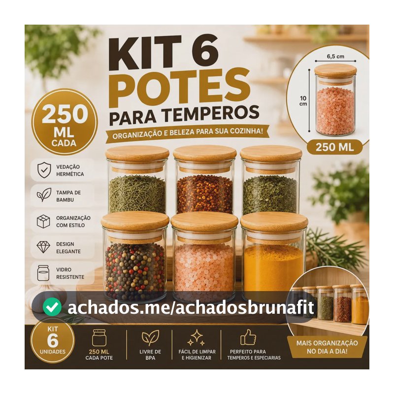 Kit 6 Potes de Vidro Hermético 250ml Tampa Bambu Porta Mantimentos Organizador Cozinha Vedação Silicone temperos
