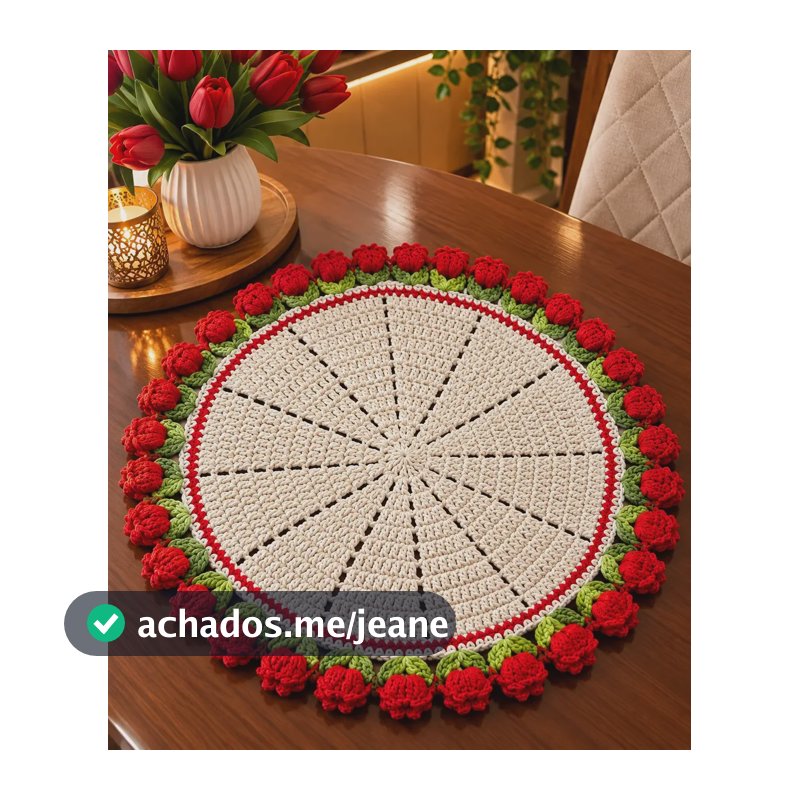 Toalha De Mesa Crochê Tulipas Vermelho Cru Com Vermelho Tulipas