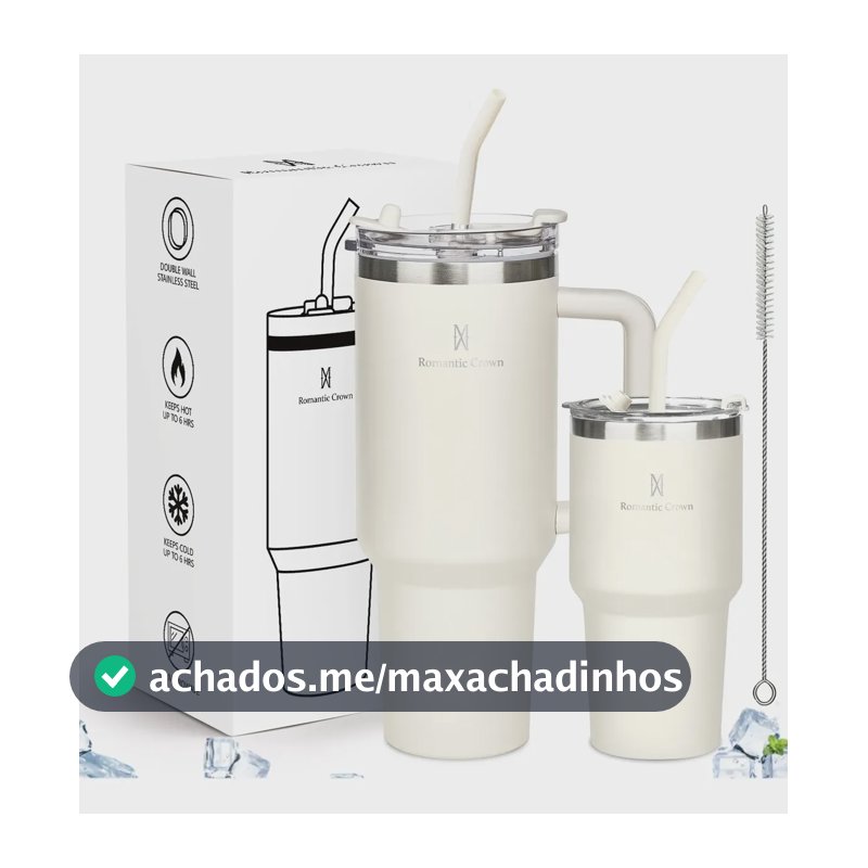 Kit Copo Térmica Inox 1200ml & 600ml Com Tampa E Canudo Branco Cor Pura