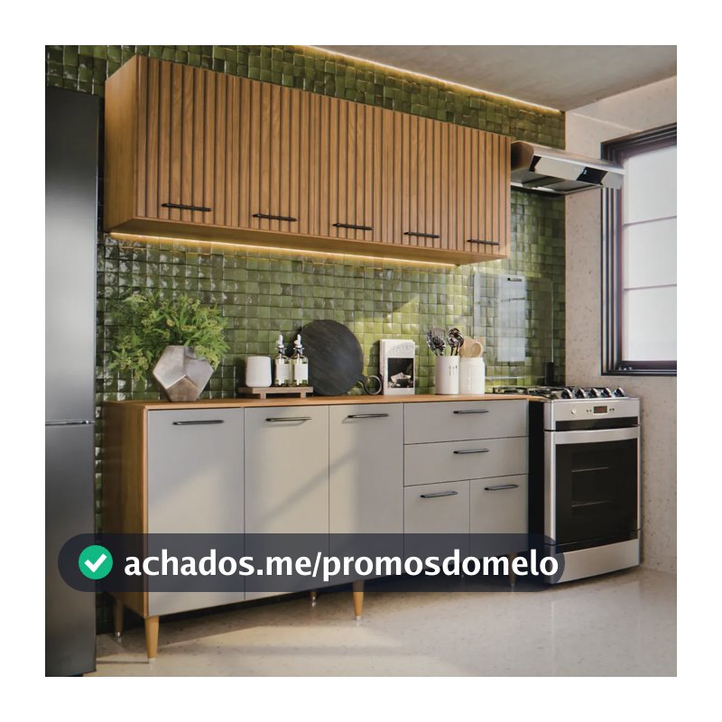 Armário de Cozinha Compacta Modulada Com Balcão e Aéreo, 140 cm, 10 Portas e 2 Gavetas, Ripado 3D Cinza Grafite