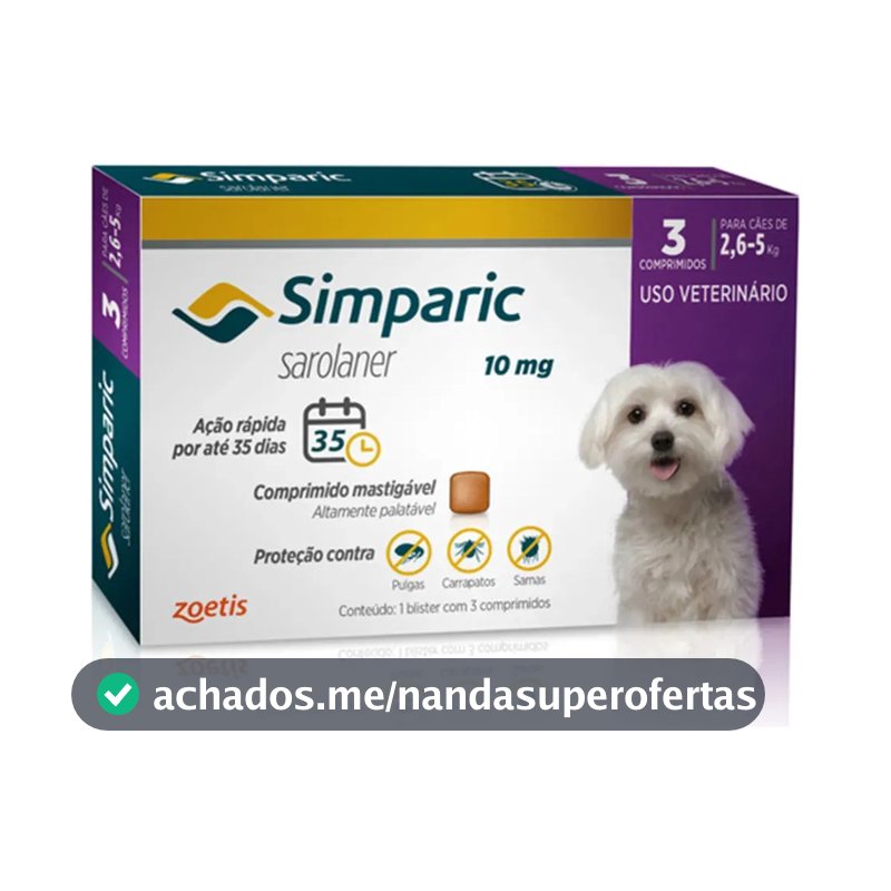 Simparic 10mg C/ 3 Comprimidos Para Cães 2,6kg A 5kg Proteção Completa Antipulgas E Carrapatos