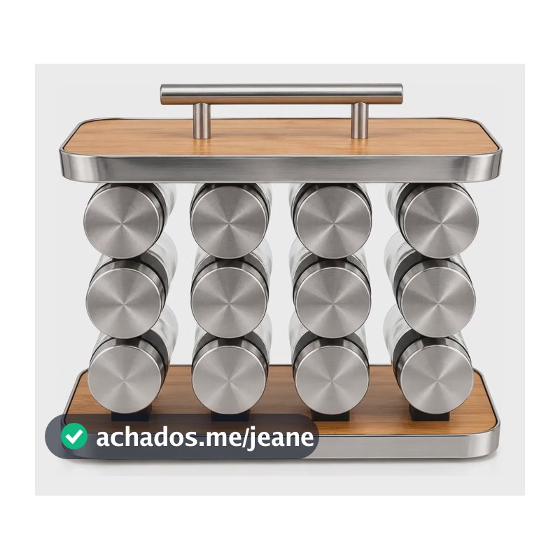 Porta Temperos Vertical Com Alça Inox E Madeira Com 12 Potes Madeira