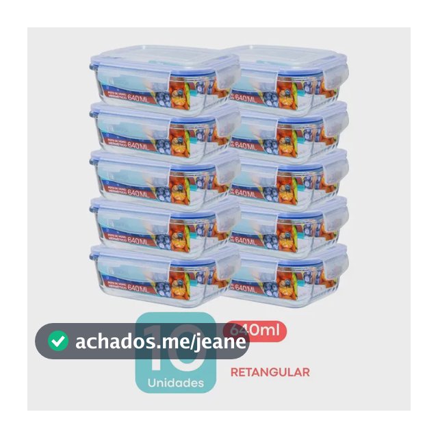 Kit 10 Potes de Vidro Marmita Hermético 640ml Retangular Freezer Fitness Forno Micro Ondas Airfryer com 4 travas de super vedação Mikasa By Chalesco