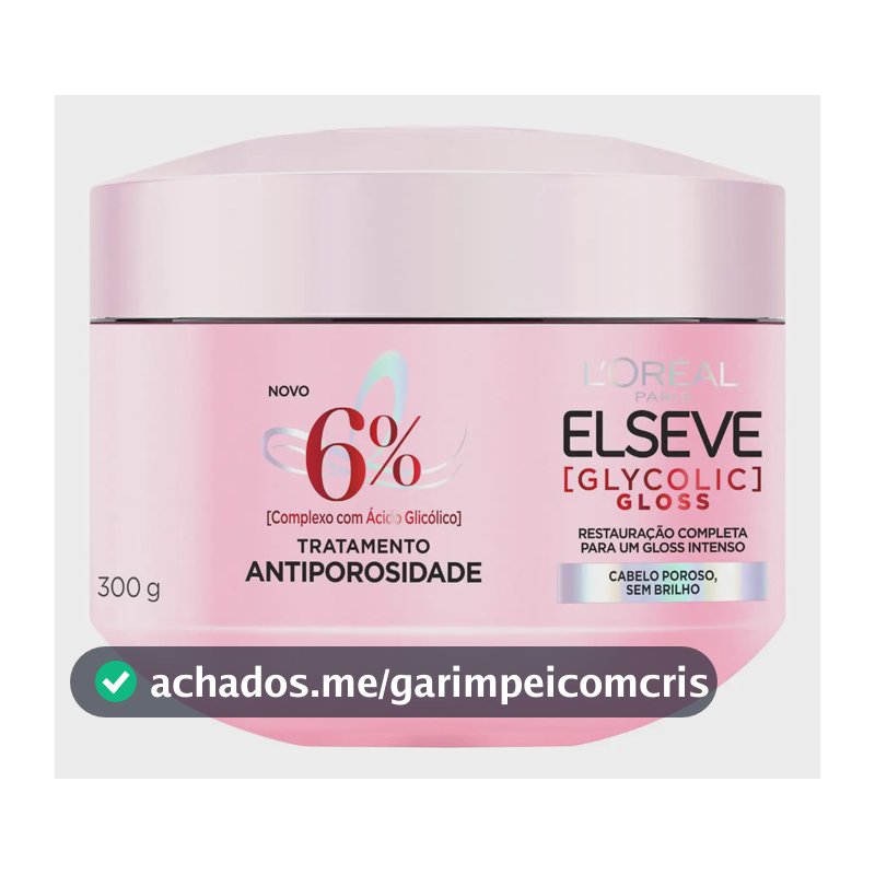 L'Oréal Paris Elseve Glycolic Gloss Máscara Capilar Antiporosidade, com Ácido Glicólico, Sela a Cutícula, Garante 3X Mais Brilho Espelhado e Maciez Intensa, 300g