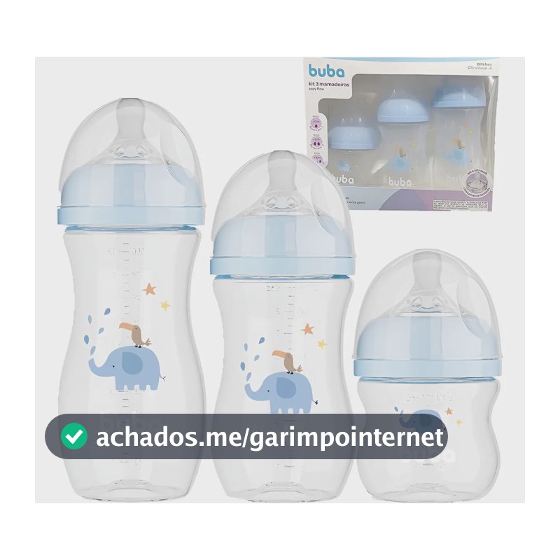 Kit 3 Mamadeira Easy Flow Anticólica Buba 120 270 330ml Azul Elefante