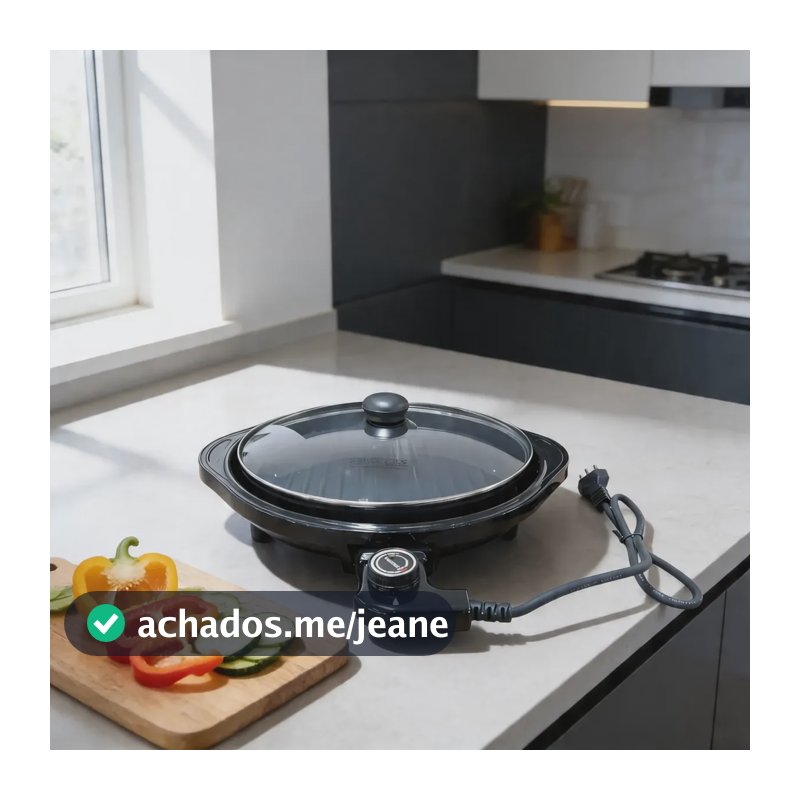 Grill Eletrico Redondo 40cm 1200w Grelha Antiaderente Preto 127v