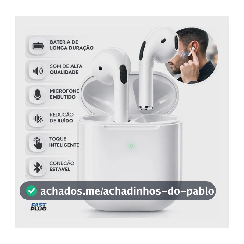 Fone De Ouvido Bluetooth Bateria de Longa Duração Pro 4 Branco Conecta Rápido Fast Plug Com Case Carregador E Microfone