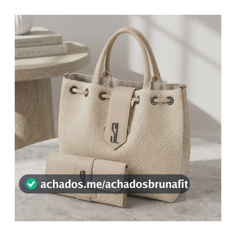 Bolsa Feminina Tote Grande Espaçosa De Ombro + Carteira Sl | Bege Claro Textura Tramada Ouro