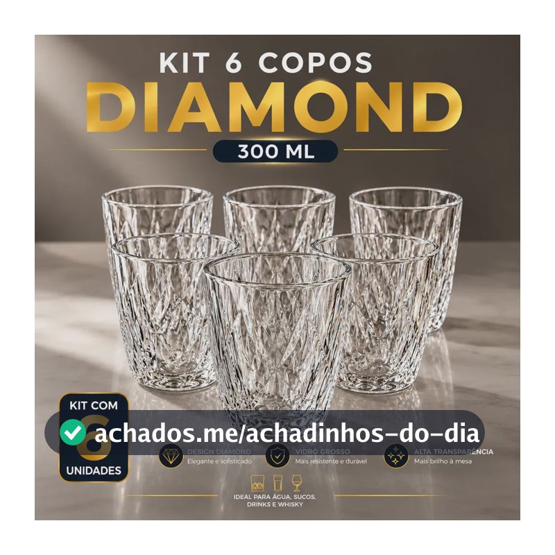 Jogo 6 Copos 300ML Grande Vidro Grosso Diamond Resistente Transparente Kit para Drink Água Suco Refrigerante Bar Restaurante Diamante