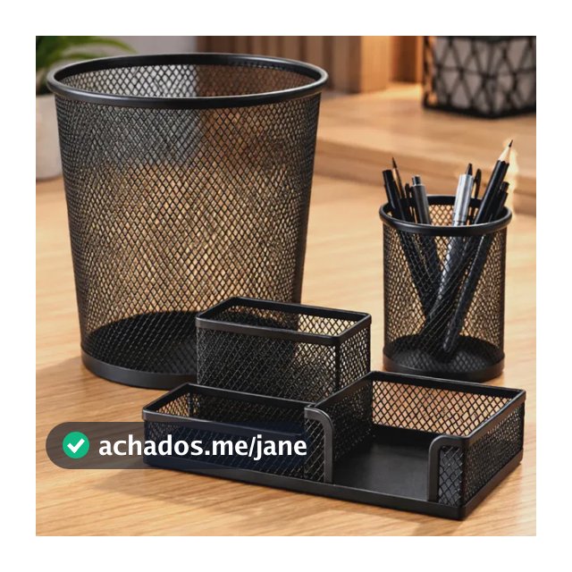 Kit Organizador Escritório Lixeira Porta Treco Lápis Preto