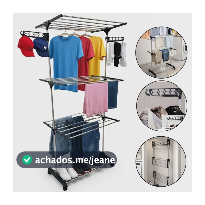 Varal De Chão 3 Andares Grande Dobrável Regulável Retrátil