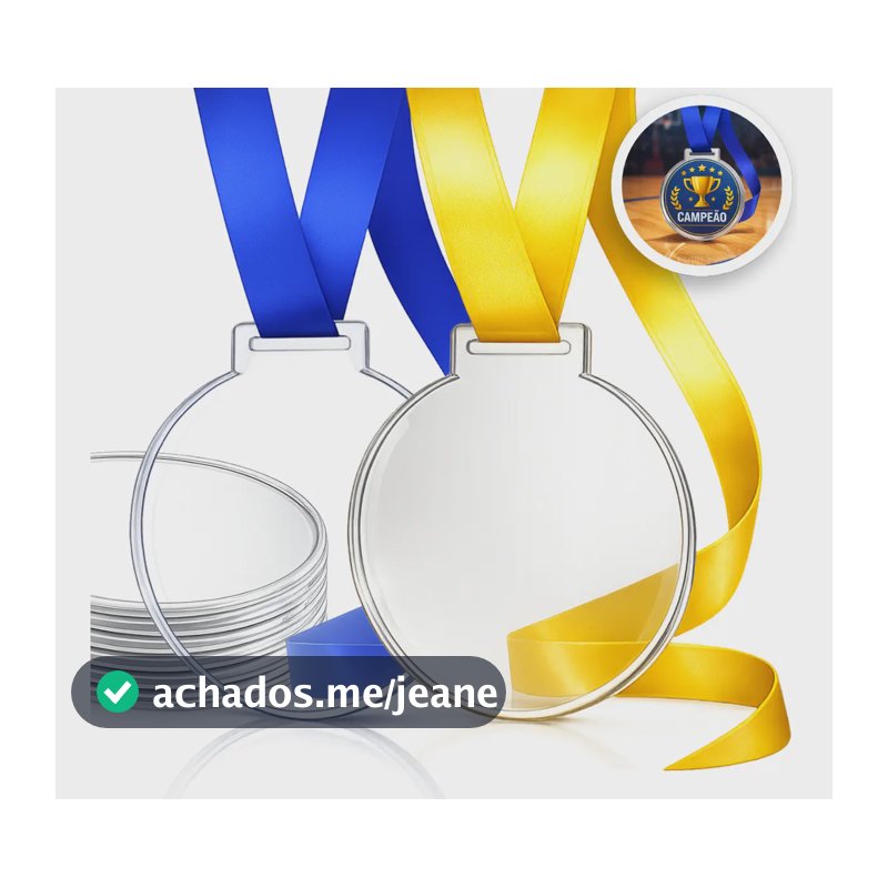 Kit 100 Medalhas Acrílico Transparente 7cm Com Fita Azul e Amarela
