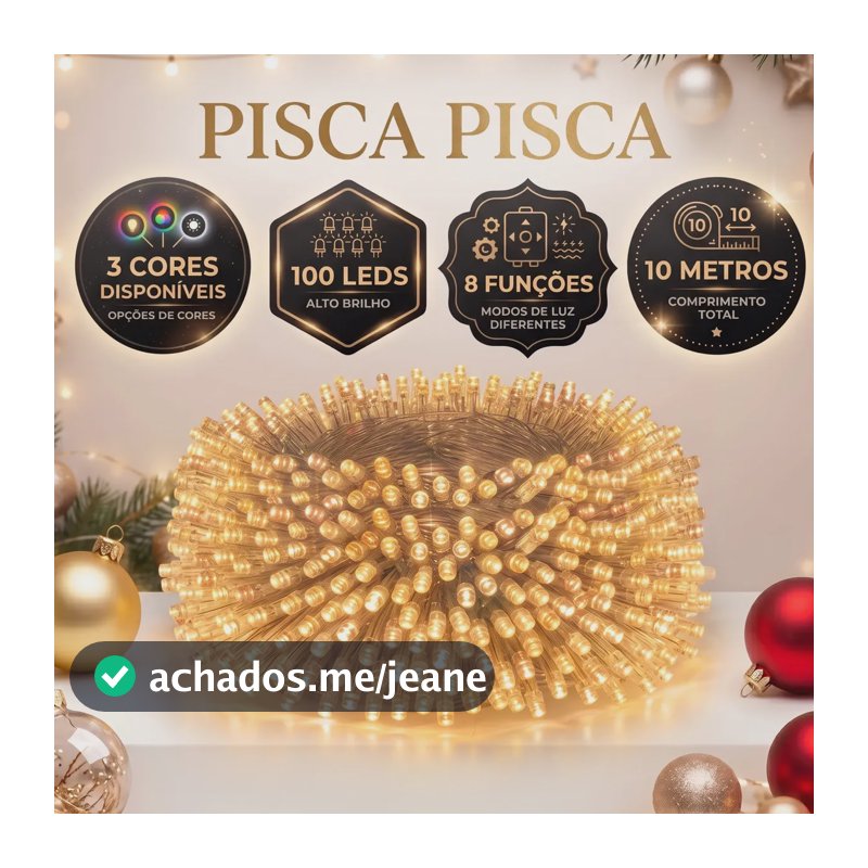 Cordão LED Pisca Pisca para Árvore de Natal Branco Quente 8m com 100 Luzes